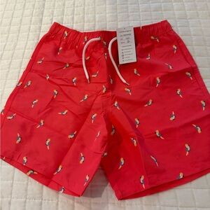 Kids Red Swim Trunks with Parrot Print